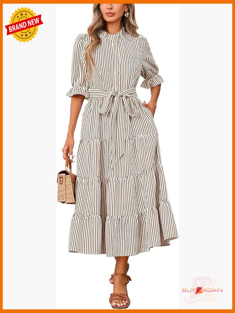 Striped Ruffle Collar Maxi Dress Half Sleeve Belted Flowy Beach